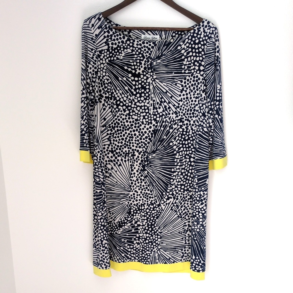 Laura Jeffries Dress Size 16 Sheath Stretch BK6M6466 Navy/White/Yellow Abstract